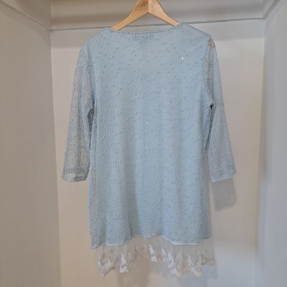 Elena Wang | Pastel blue long knit sweater with sequins & lace trim - Picture 6 of 11